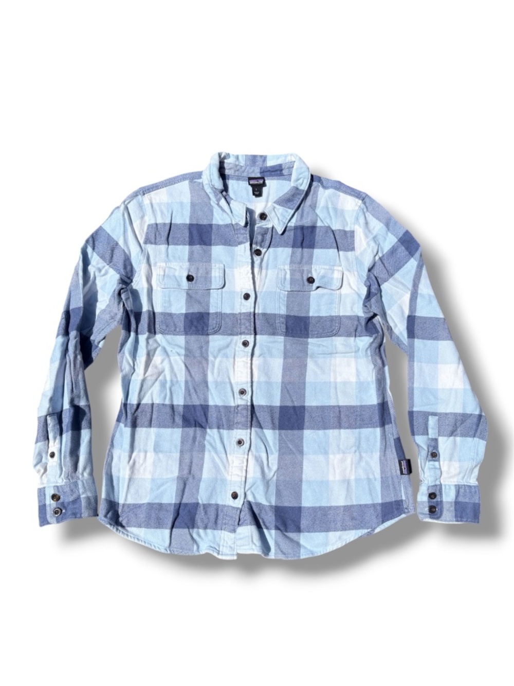 Patagonia Women’s Long-Sleeved Fjord Flannel Shirt – Light Blue & White Plaid (W